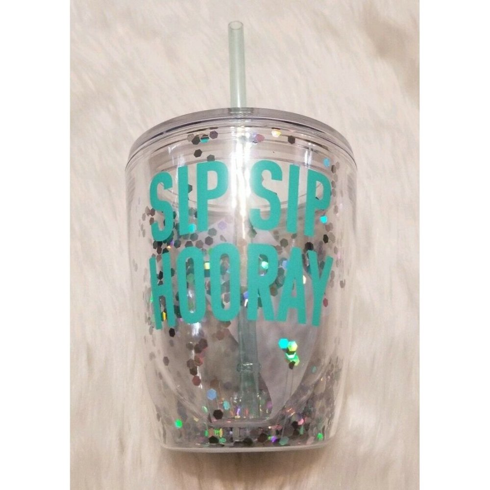 Sip Sip Hooray Slant Sip & Sparkle 10 fl oz Double Wall Tumbler W/Straw Teal NEW